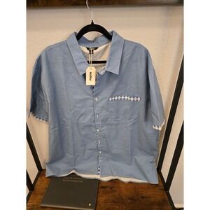 Ouku Men's 3XL Blue Short Sleeve Button Up Gingham Pocket